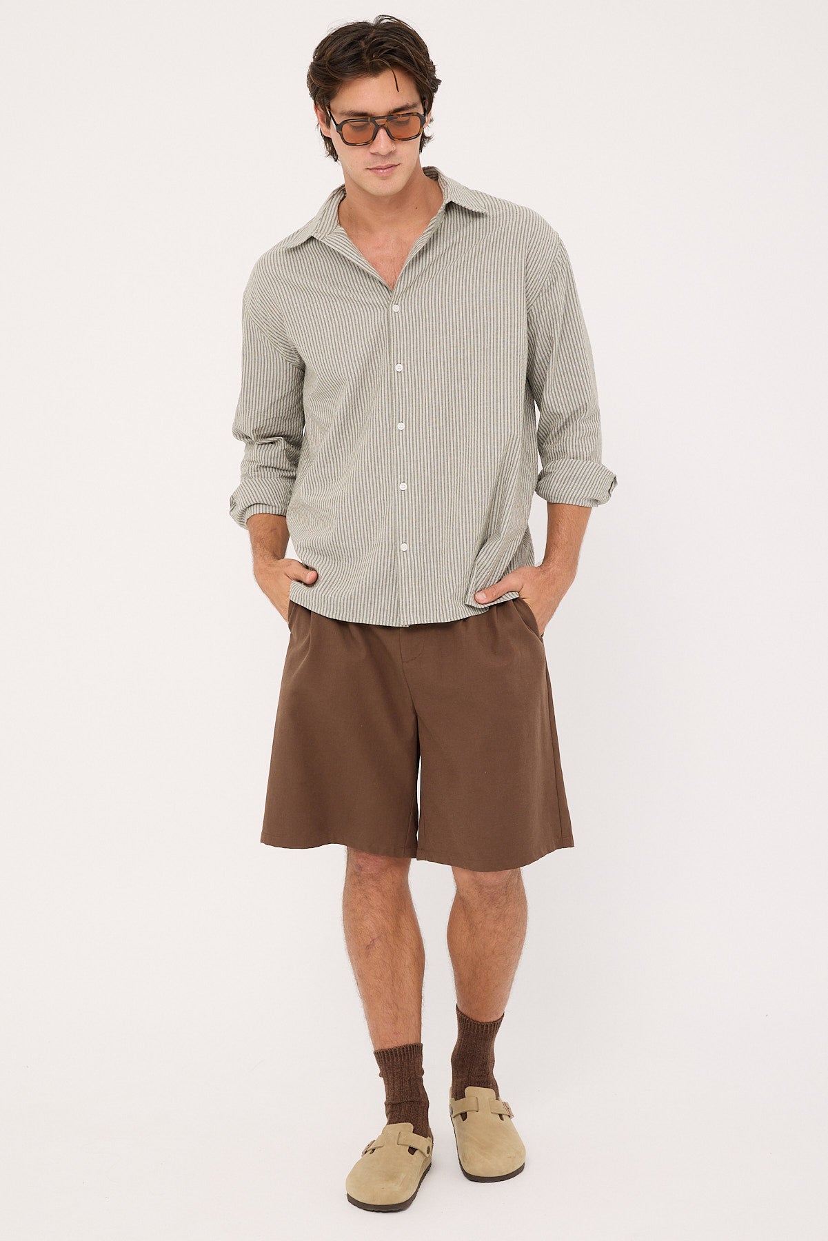 Common Need Myles Long Sleeve Shirt Olive Stripe