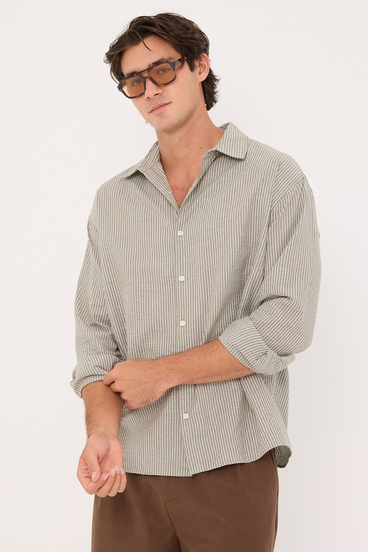 Common Need Myles Long Sleeve Shirt Olive Stripe