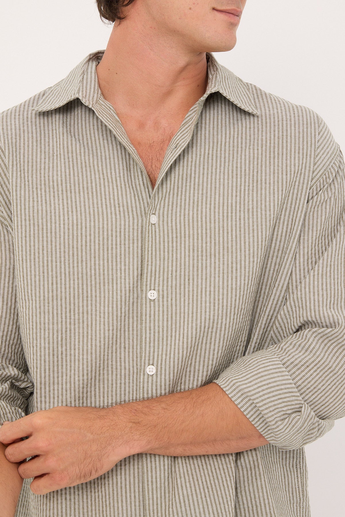 Common Need Myles Long Sleeve Shirt Olive Stripe