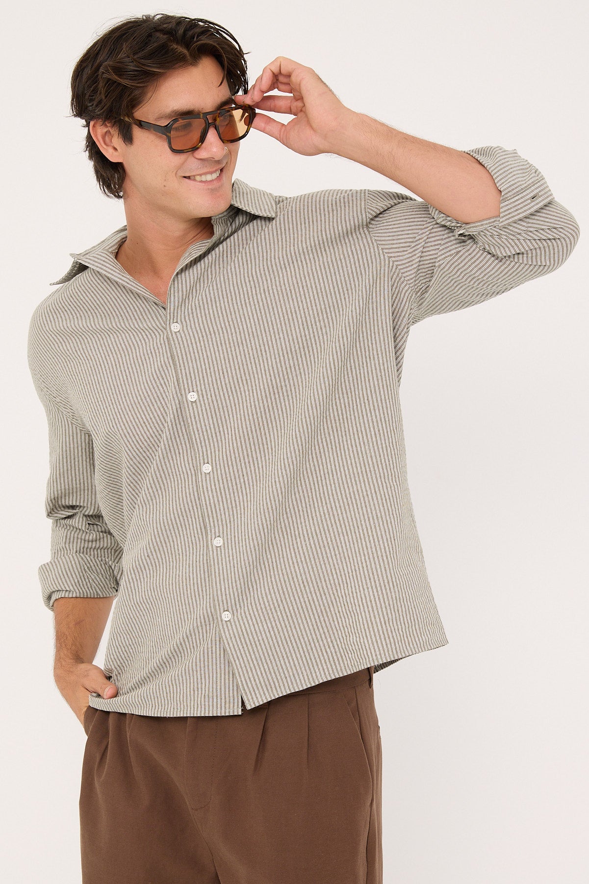 Common Need Myles Long Sleeve Shirt Olive Stripe