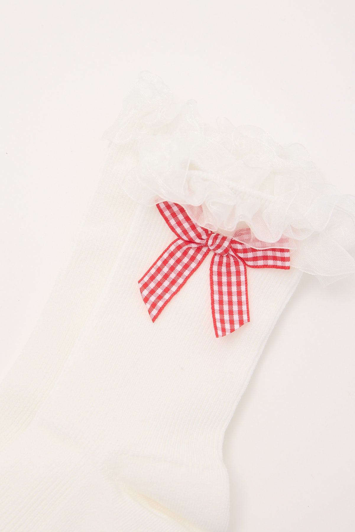 Token Gingham Bow Lace Tulle Socks White